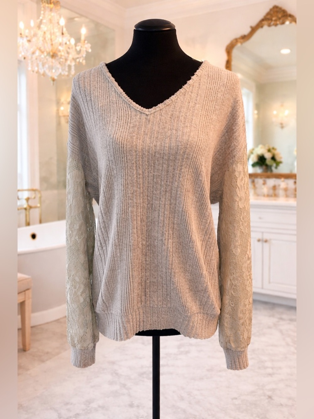 SHEIN Gray V-Neck Sweater with Lace Detail
